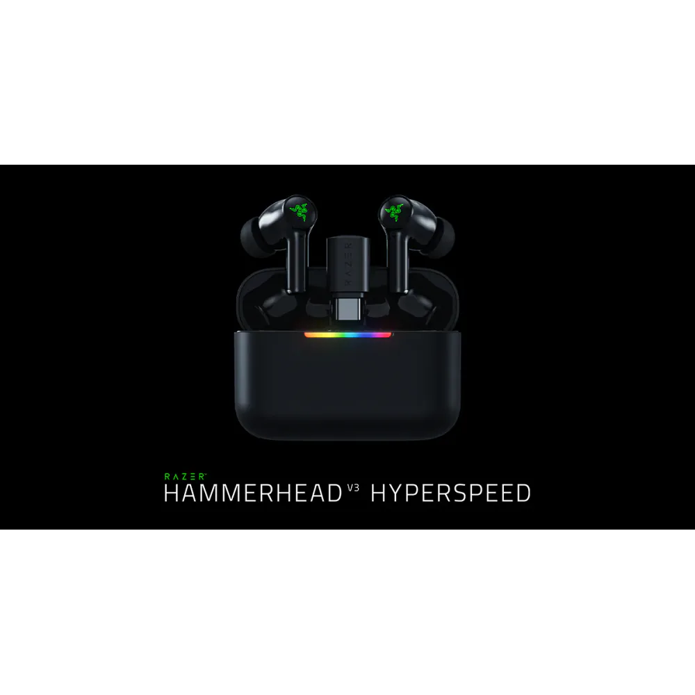Razer Hammerhead V3 HyperSpeed earbuds in their charging case
