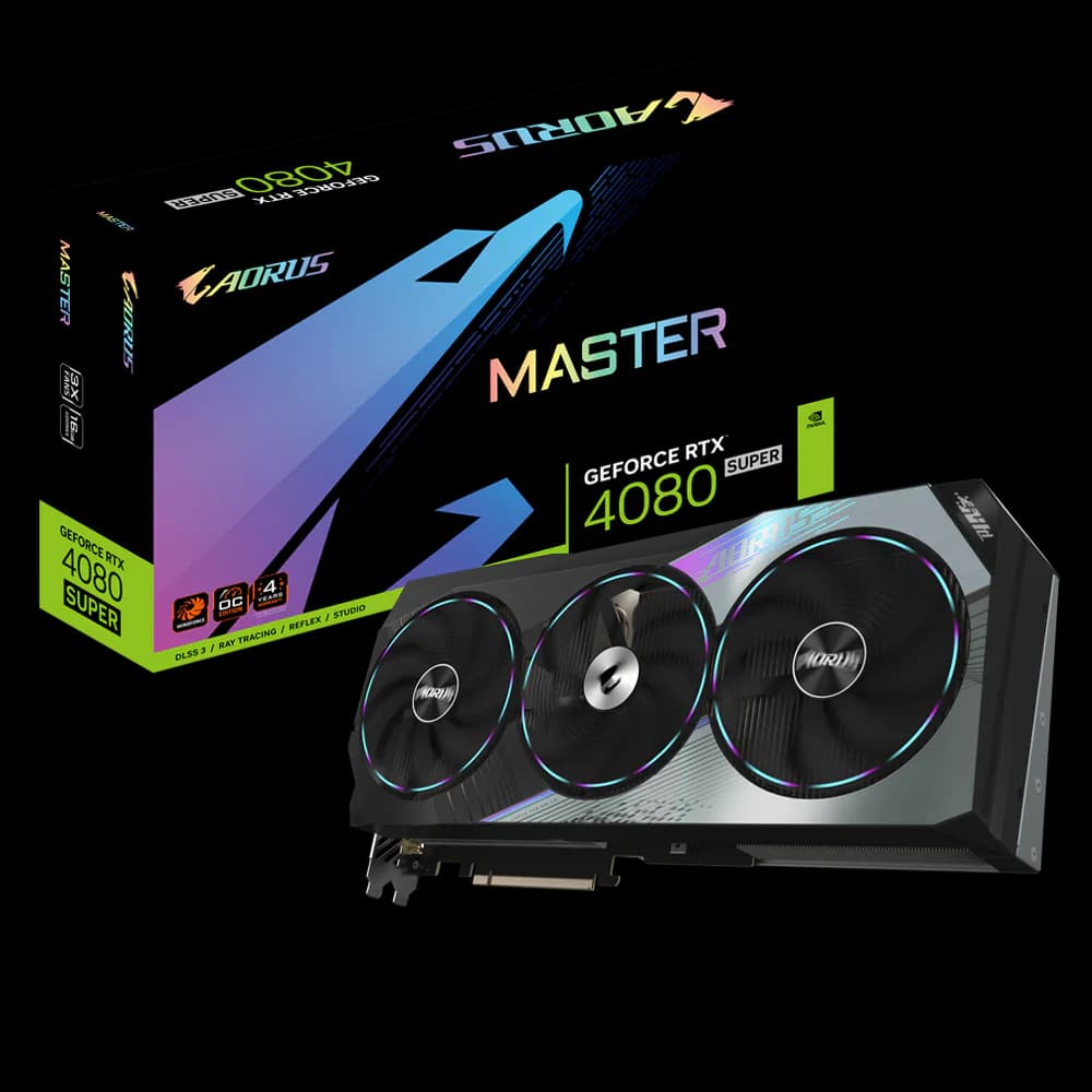 Three-quarter view of AORUS GeForce RTX 4080 SUPER graphics card