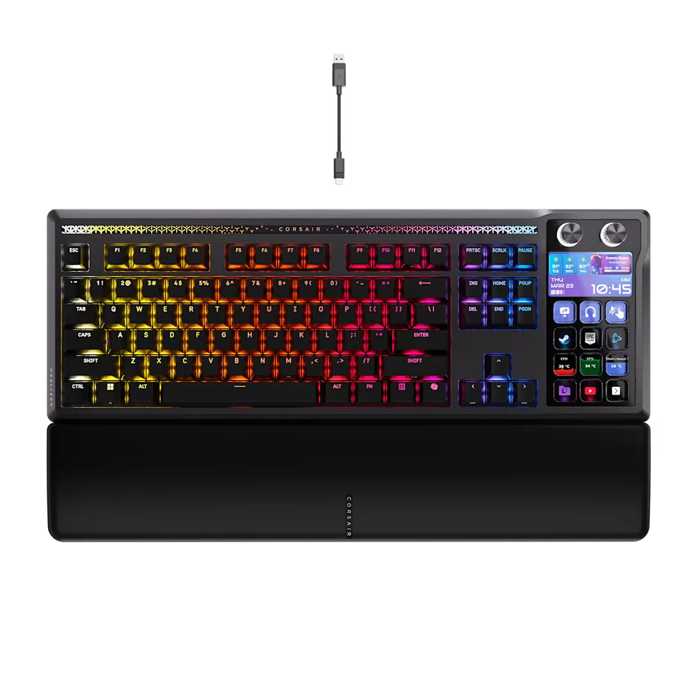 Top view of Corsair Galleon 100 SD keyboard with integrated Stream Deck