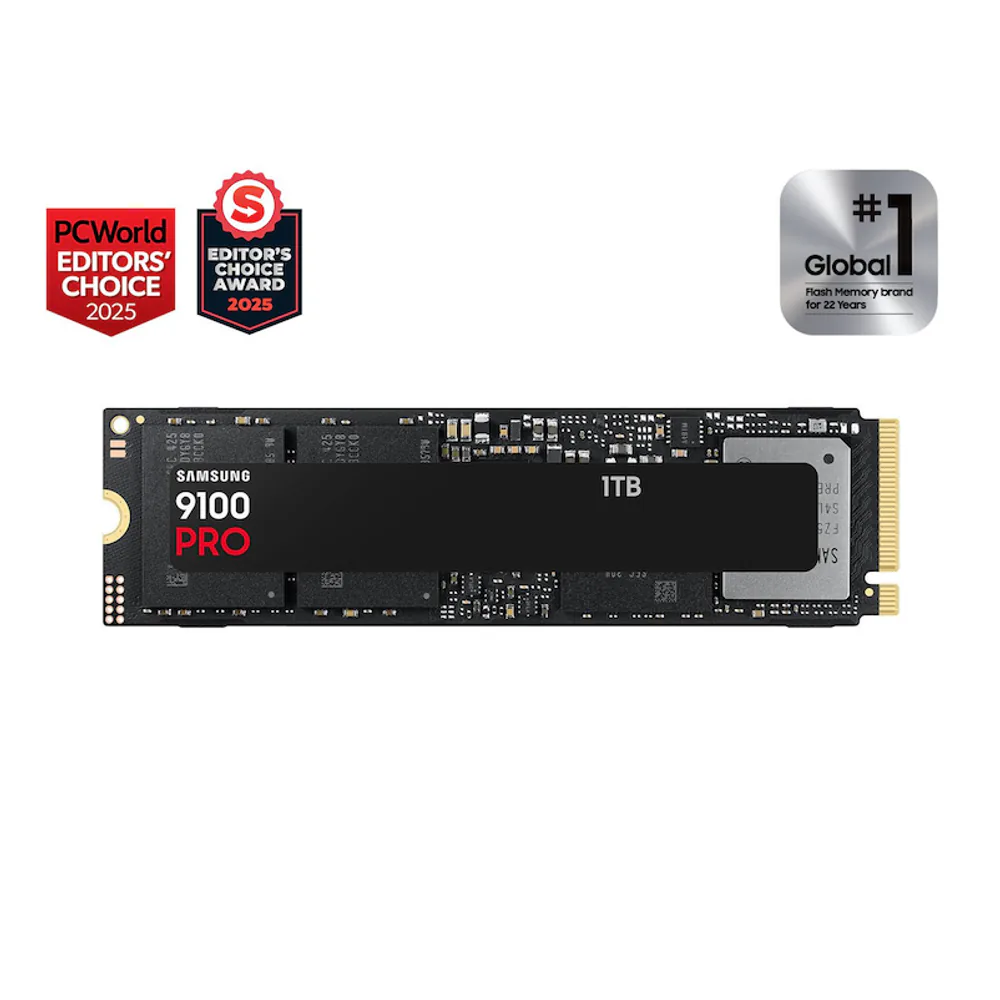Samsung 9100 PRO 1TB PCIe Gen5 NVMe SSD and retail box
