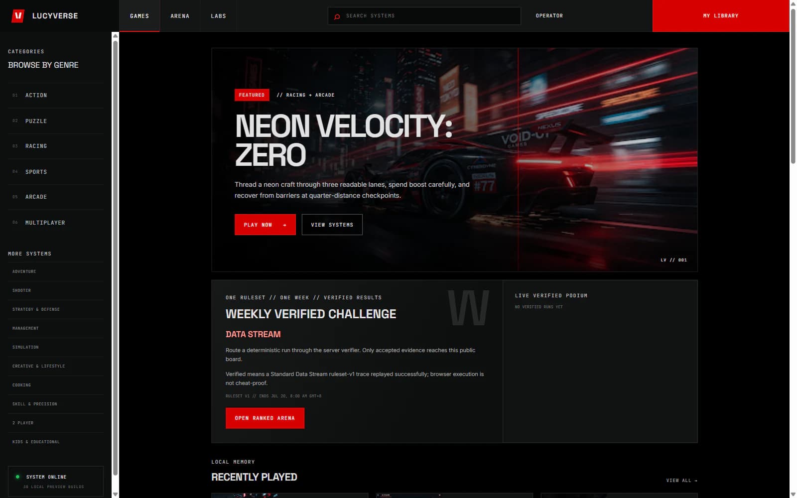 LucyVerse 2026 browser arcade home screen with Neon Velocity and the weekly verified challenge