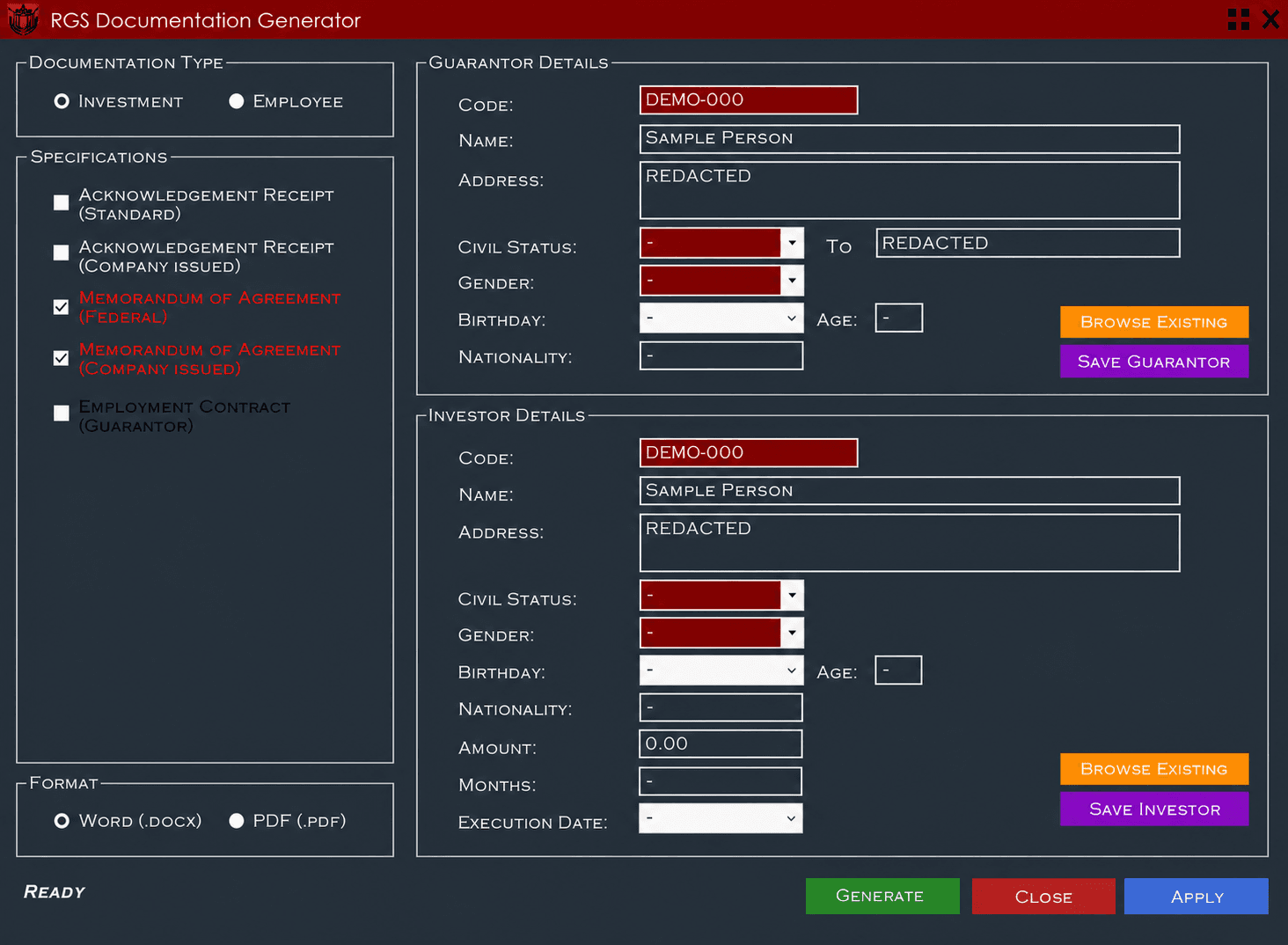 Privacy-safe RGS Documentation Generator interface preview