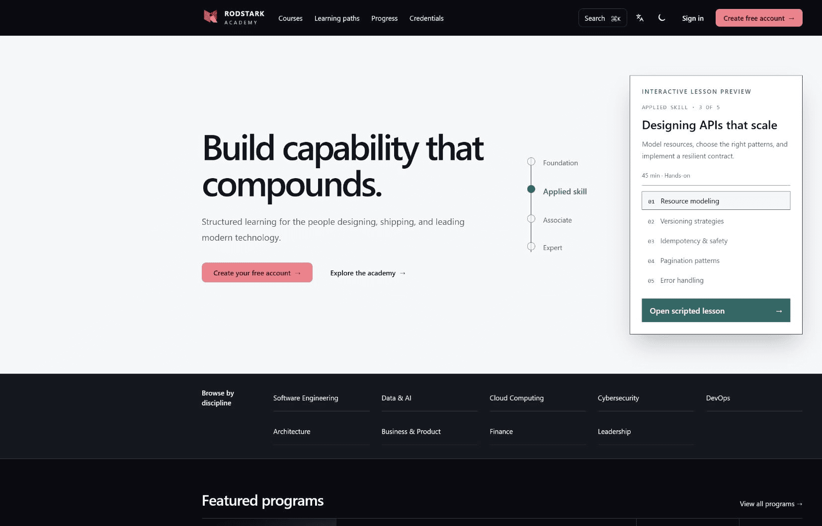 Rodstark Academy learning platform homepage preview