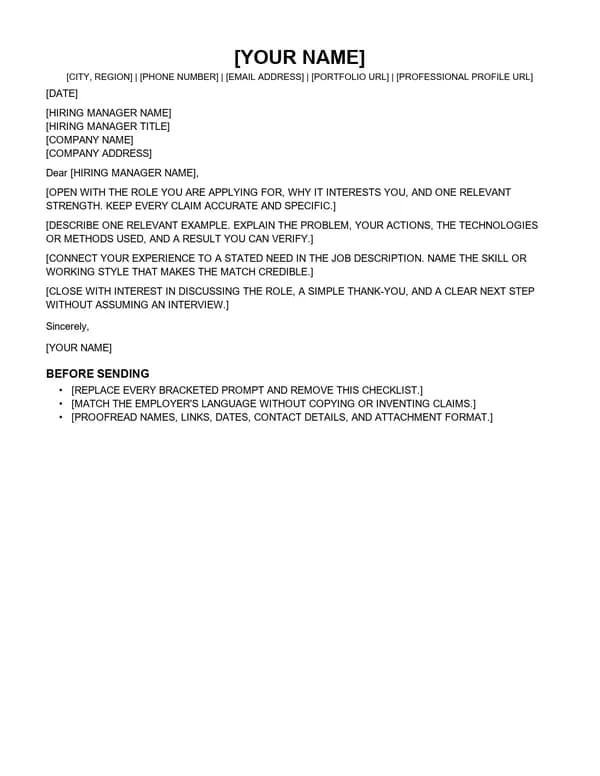 Preview of the Developer Cover Letter Template first page
