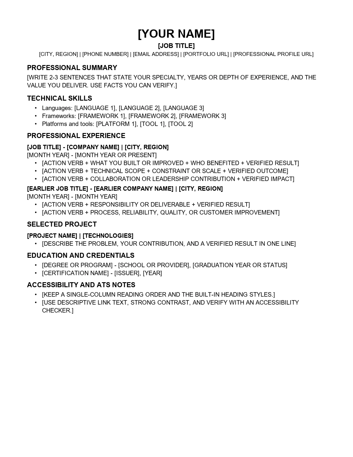 Large preview of the Developer Resume Template first page