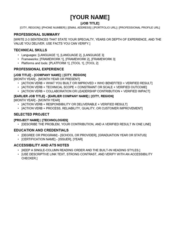 Preview of the Developer Resume Template first page